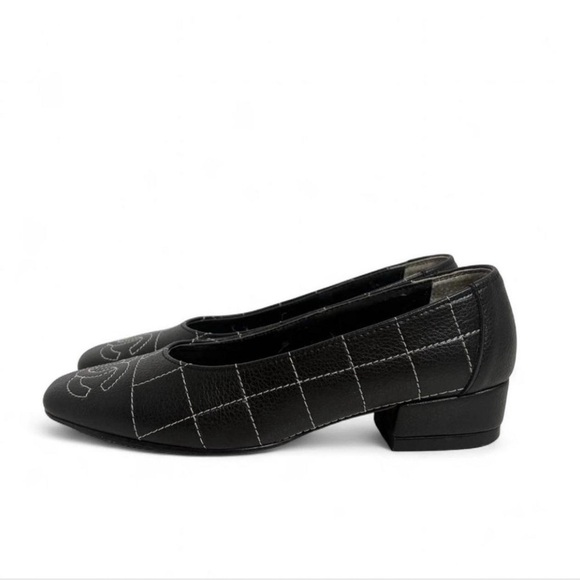 CHANEL Shoes - CHANEL Black Quilted Low Block Heel Ballet Flats